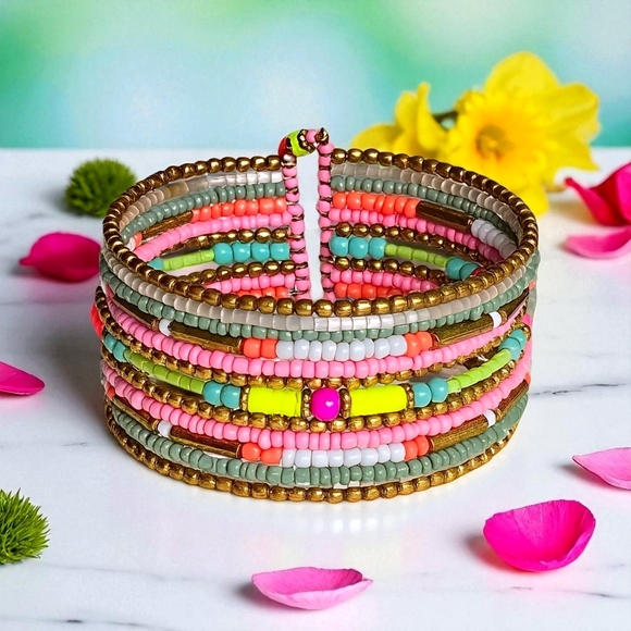 🆕️Indian Handmade Beaded Boho Cuff Bracelet | Adjustable, Vibrant & Unique! 🌈 - Picture 1 of 15
